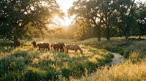 Horses in a sunlit meadow